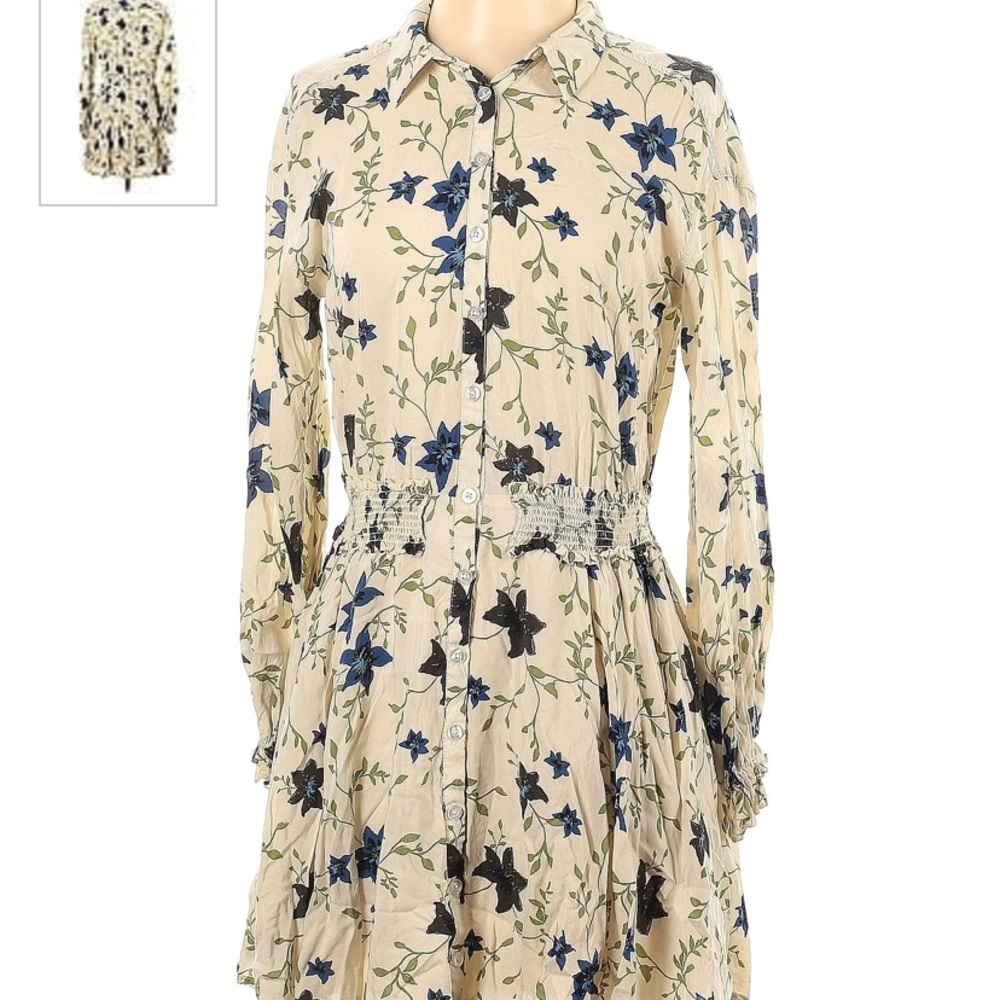 EUC - Free People Long Sleeve Tan Blue Lily Dress size medium